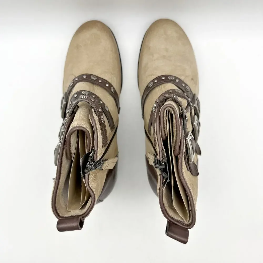 Miz Mooz Womens Sherri Ankle Boots EU 36 Size 6 Pebble Tan Suede Buckle EUC